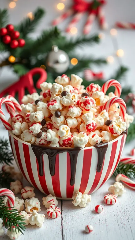 A bowl of Candy Cane Popcorn with chocolate drizzle and candy canes, surrounded by festive decorations.