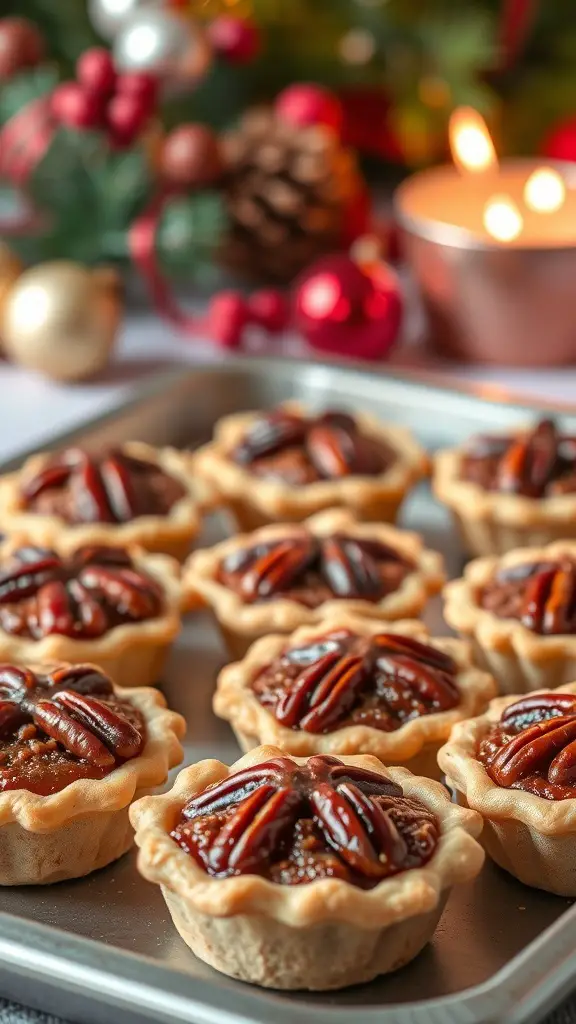 A tray of mini pecan pies with festive decorations in the background