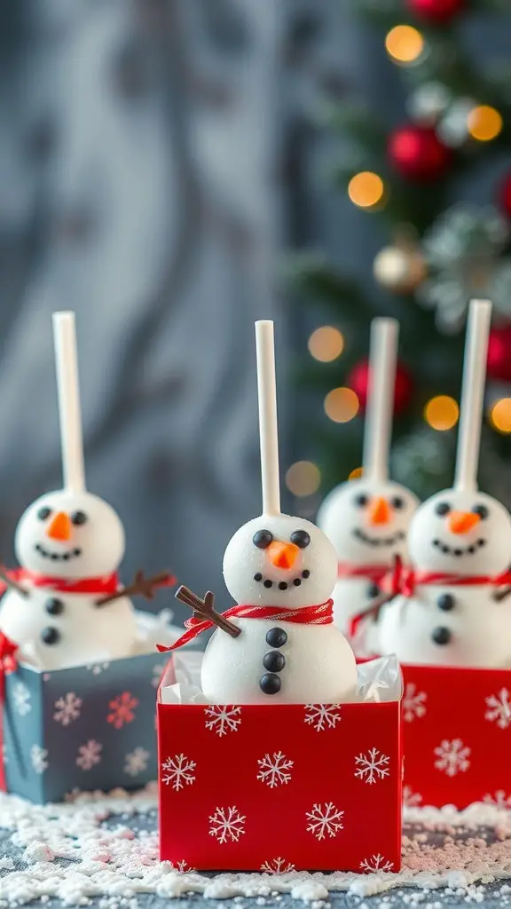 Four snowman cake pops in festive boxes, decorated with candy eyes, orange noses, and red ribbons.