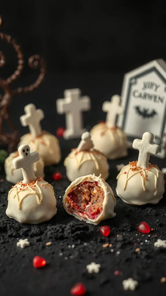 Chocolate Raspberry Graveyard Truffles shaped like graves with white chocolate coating and decorative crosses