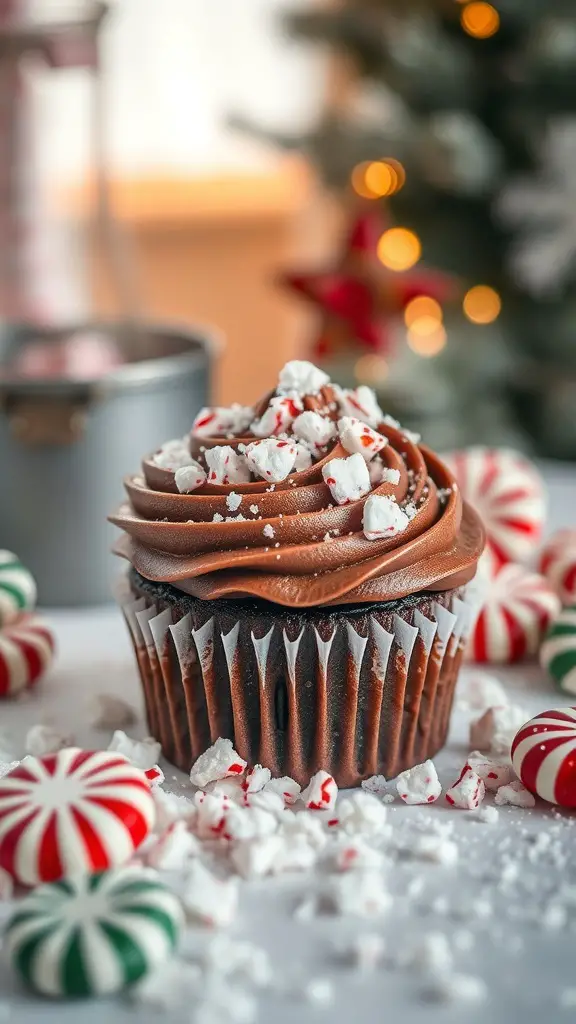 A chocolate cupcake topped with mocha frosting and crushed peppermint candies, surrounded by festive peppermint candies.