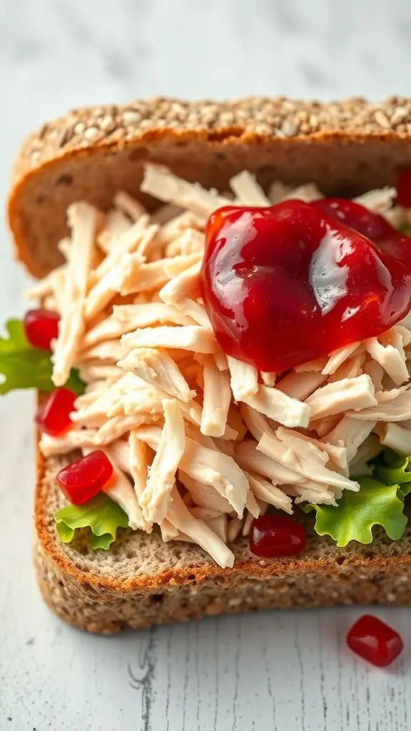A close-up of a turkey and cranberry sandwich with shredded turkey, cranberry sauce, and lettuce on whole grain bread.
