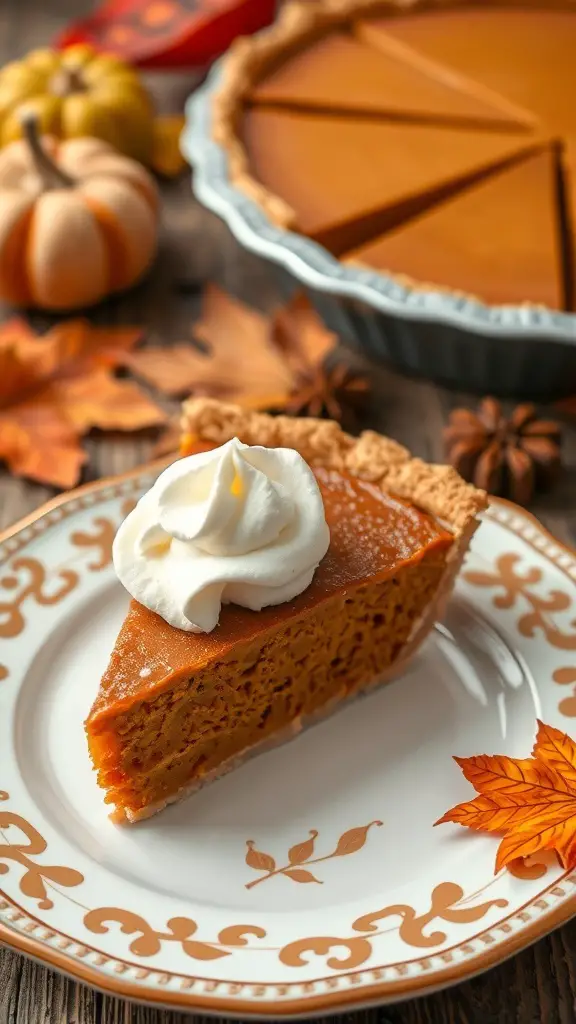 A slice of pumpkin pie topped with whipped cream on a decorative plate, with a whole pie and autumn decorations in the background.
