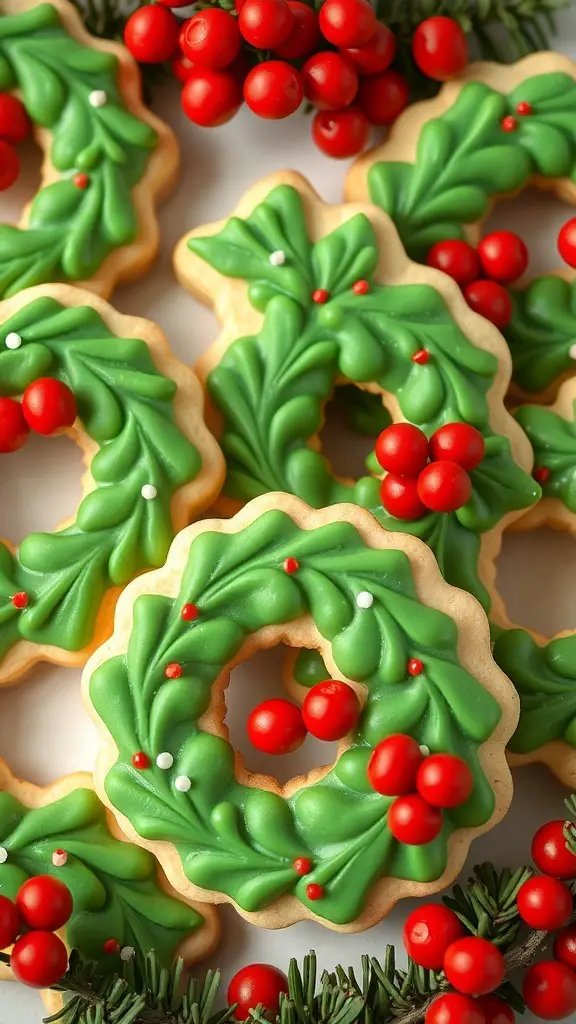 Decorated holiday wreath sugar cookies with red berries