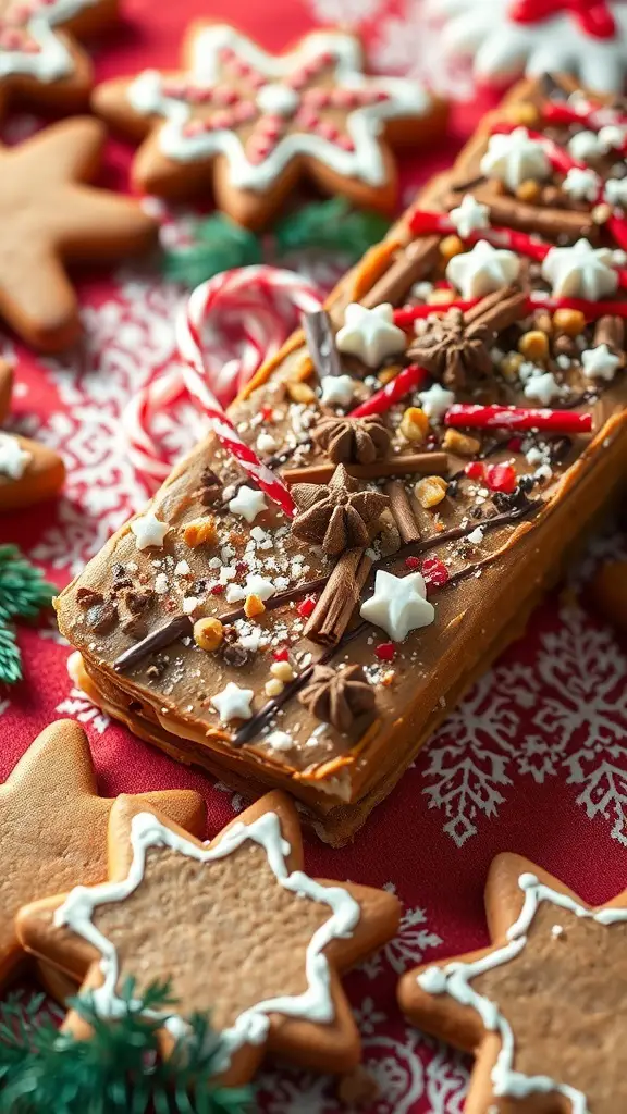 A festive Spicy Gingerbread Bark decorated with sprinkles and candy canes, surrounded by gingerbread cookies.