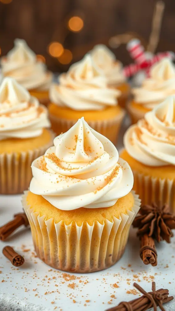 Eggnog cream cheese cupcakes with swirls of frosting and sprinkled nutmeg