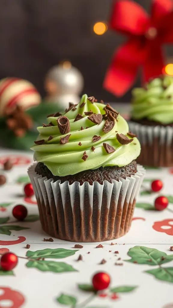A chocolate mint cupcake with green frosting and chocolate shavings on top, set against a festive background.