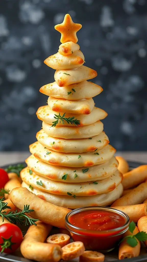 A stack of cheesy breadsticks shaped like a Christmas tree, topped with a star and surrounded by dipping sauce and cherry tomatoes.