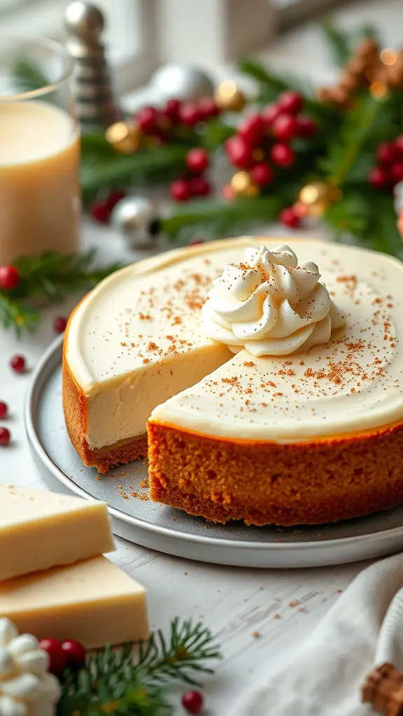 A festive Eggnog Cheesecake topped with whipped cream and nutmeg, surrounded by holiday decorations.
