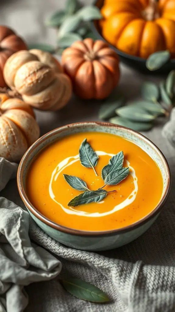 A bowl of creamy butternut squash soup garnished with sage leaves, surrounded by small pumpkins and a soft cloth.