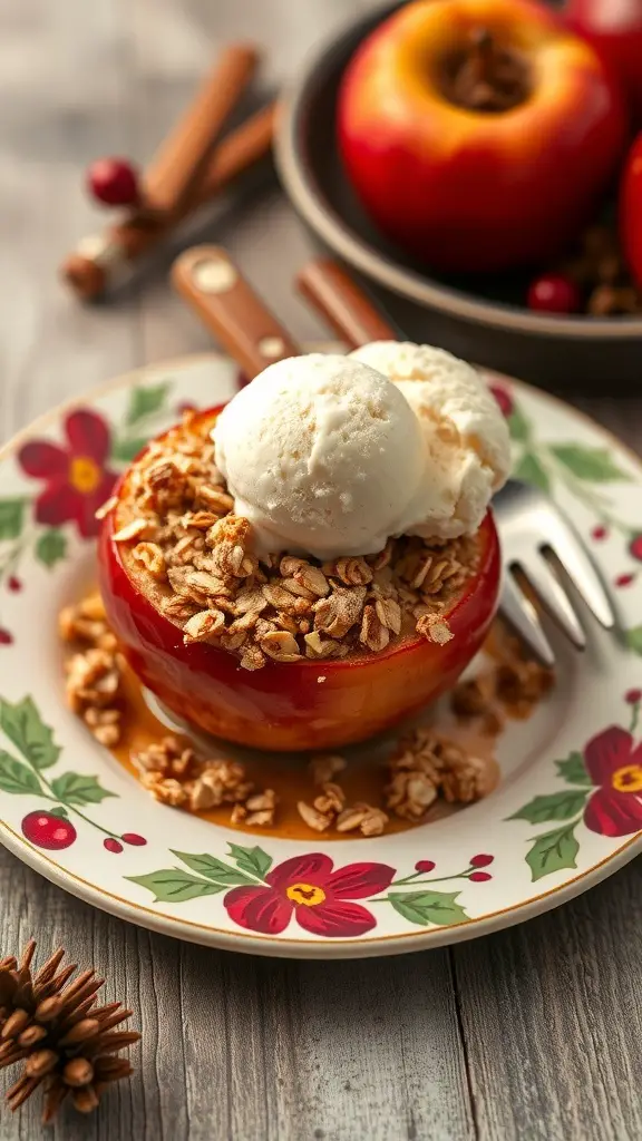Baked apples topped with oats and ice cream on a festive plate