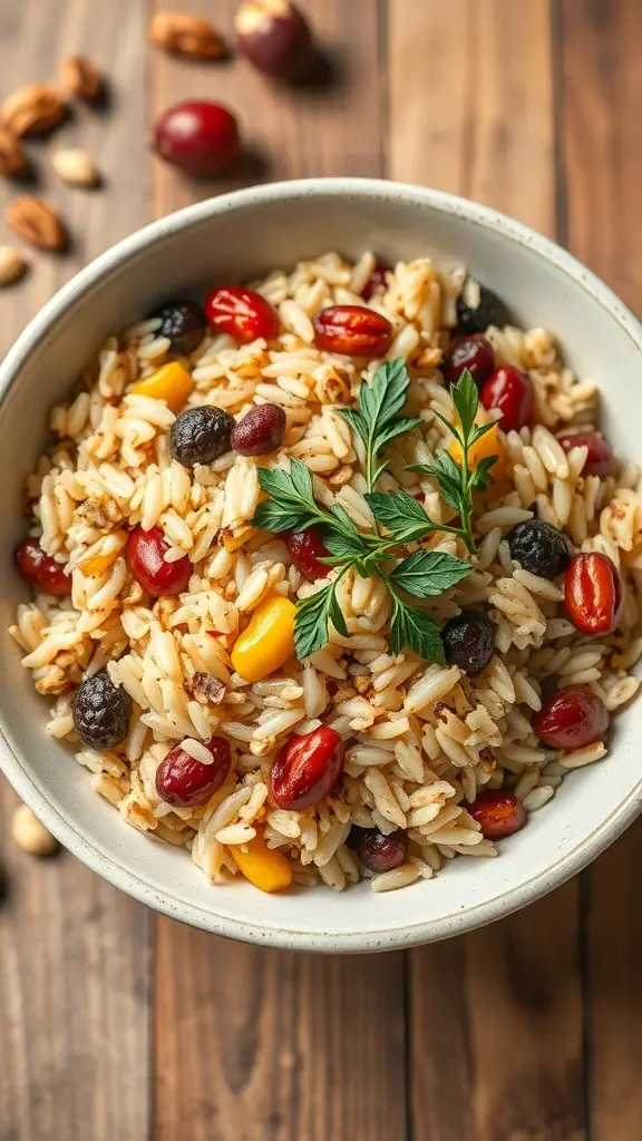 A bowl of wild rice pilaf with colorful ingredients and herbs on a wooden table.