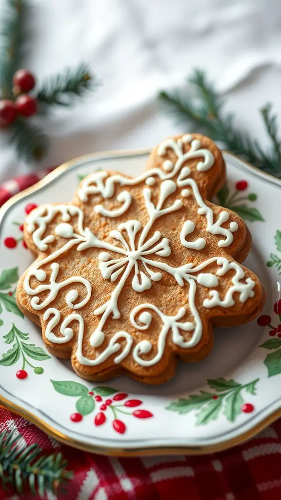 Decorated gingerbread cookie shaped like a snowflake on a festive plate