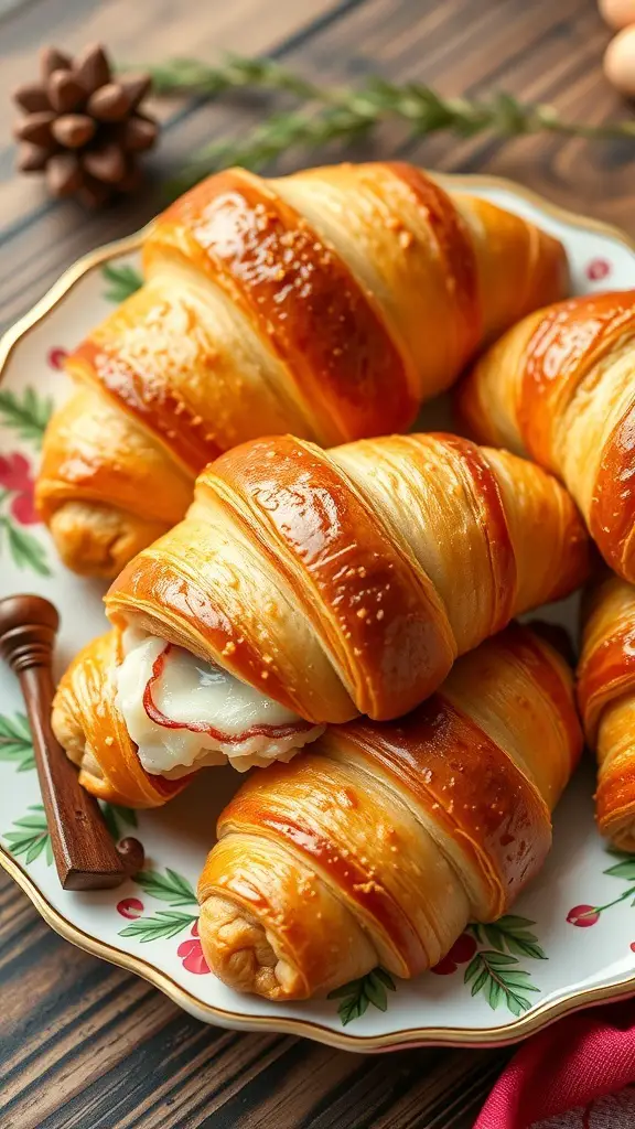 A plate of golden brown stuffed croissants filled with ham and cheese, garnished with a sprig of greenery.