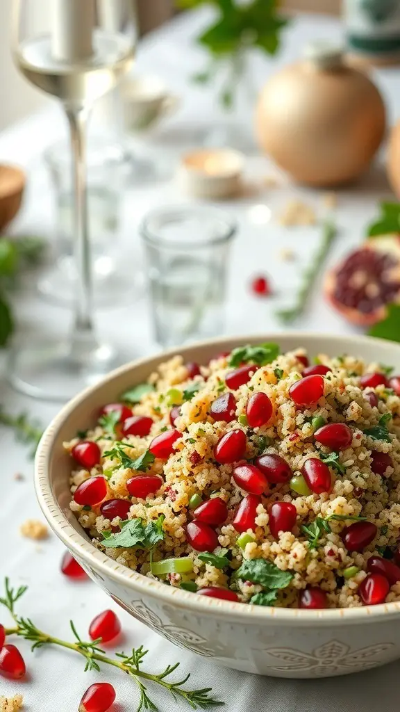 A bowl of Herbed Quinoa Salad with Pomegranate, garnished with fresh herbs and pomegranate seeds, set on a beautifully arranged table.