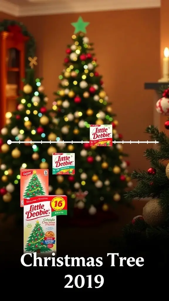Image showing the evolution of Little Debbie Christmas Tree Cakes packaging with decorated Christmas trees in the background.