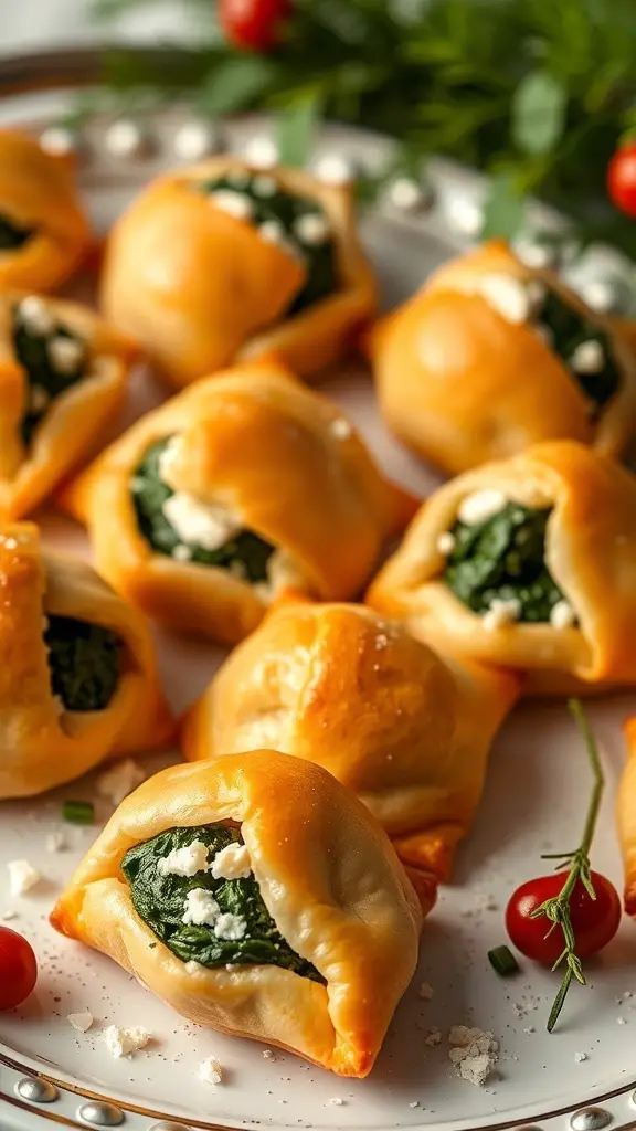 Savory spinach and feta puff pastry bites on a plate, garnished with cherry tomatoes and herbs.