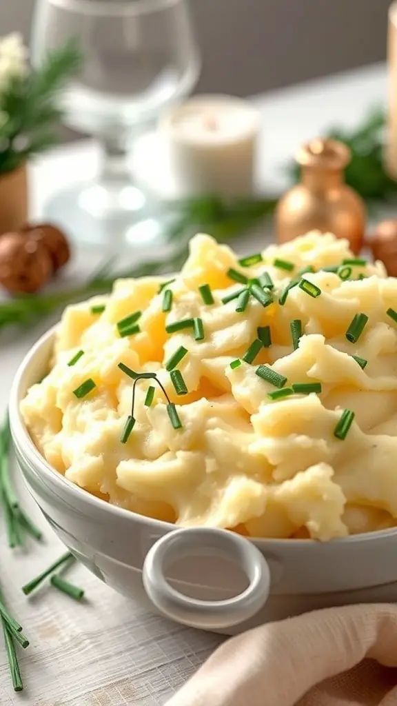 A bowl of creamy garlic mashed potatoes topped with chives, set on a festive table.
