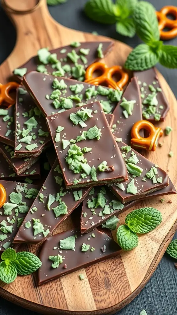 Mint Chocolate Pretzel Bark with crushed peppermint and pretzels on a wooden board.