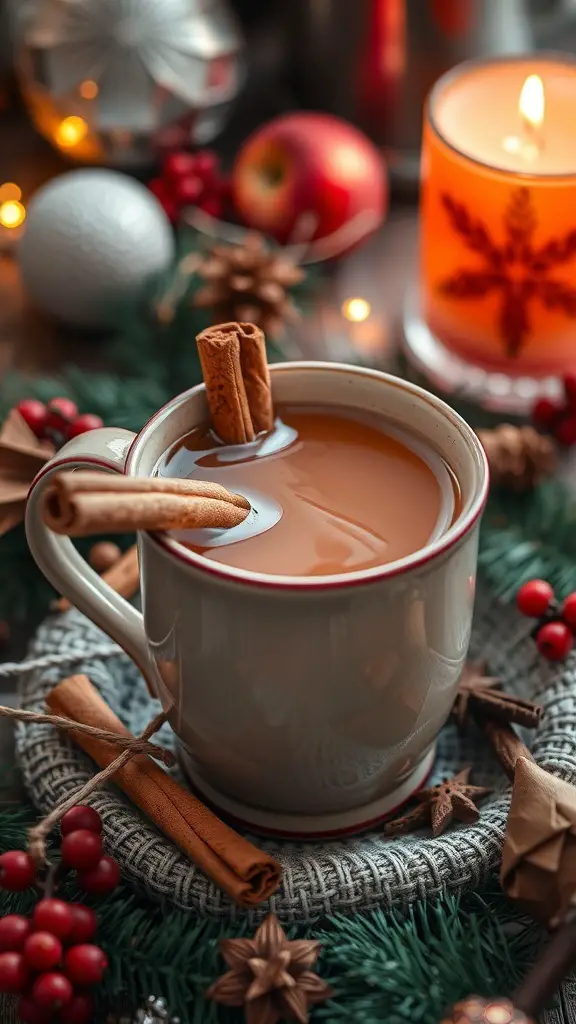 A cozy cup of spiced apple cider with cinnamon sticks, surrounded by festive decorations.