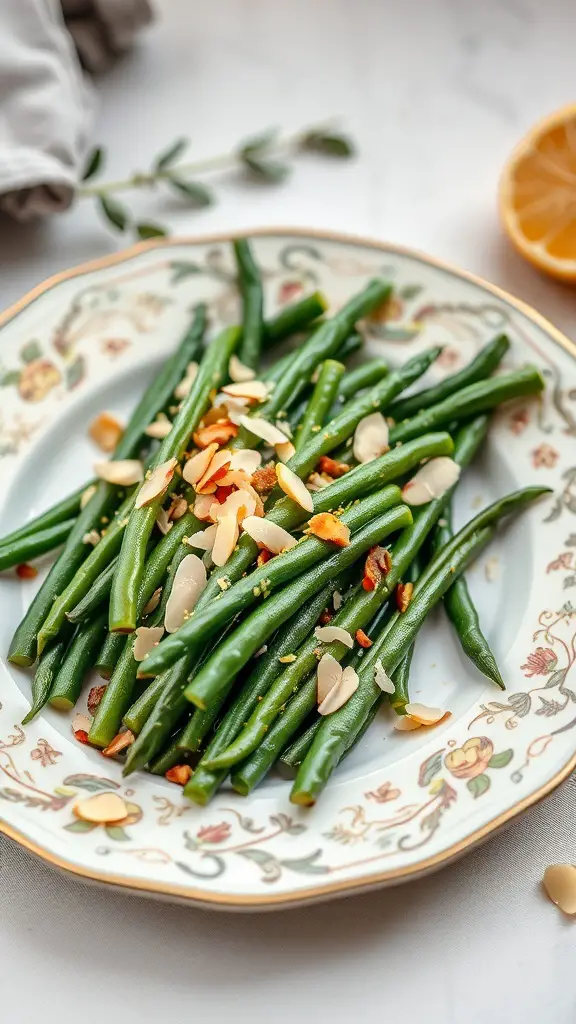 A plate of green bean almondine topped with sliced almonds and garnished with a lemon slice.