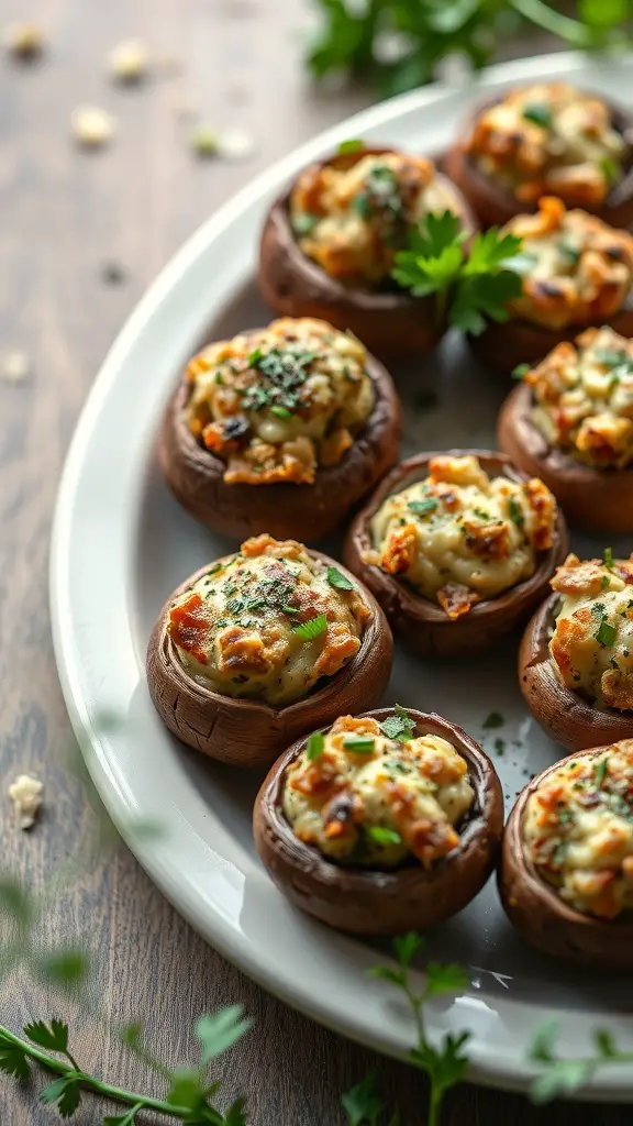 A plate of savory stuffed mushrooms topped with herbs.