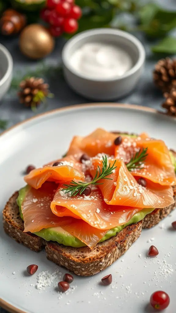 A plate of smoked salmon and avocado toast garnished with dill and pomegranate seeds, surrounded by festive decorations.