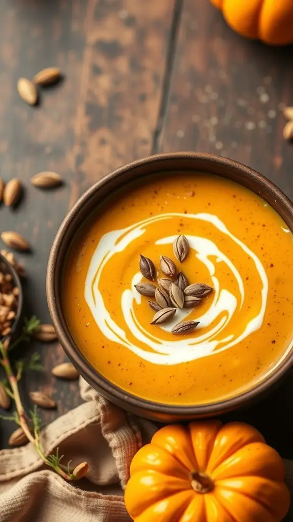 A bowl of spiced butternut squash soup with cream and pumpkin seeds, surrounded by pumpkins and seeds.