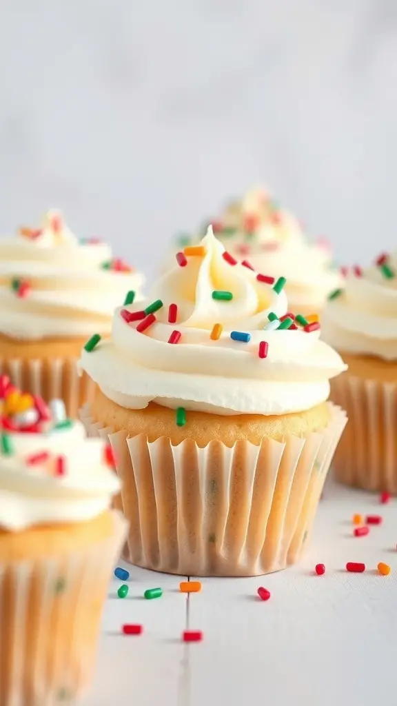 Vanilla bean cupcakes topped with white frosting and colorful holiday sprinkles