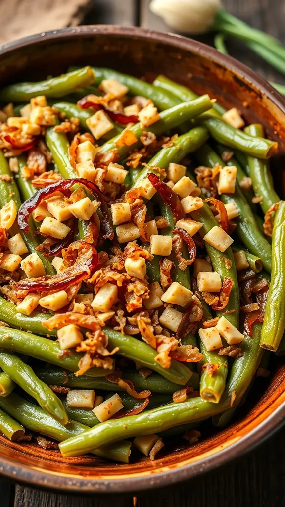 A delicious green bean casserole topped with crispy onions and cubes of cheese in a rustic bowl.