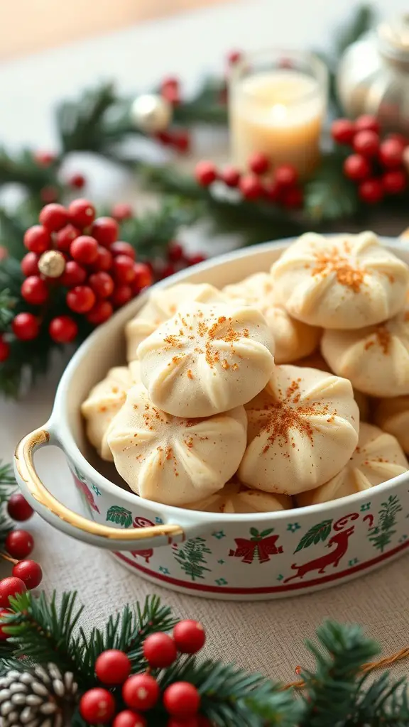 A platter of eggnog cookies with nutmeg, surrounded by holiday decorations.