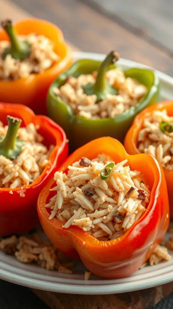 Colorful bell peppers stuffed with turkey and rice mixture