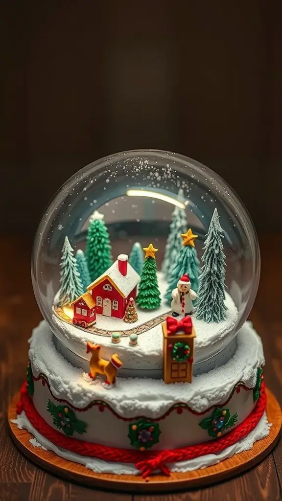 A beautifully crafted Christmas Town Snow Globe Cake featuring a snow globe design with a house, trees, and a snowman.