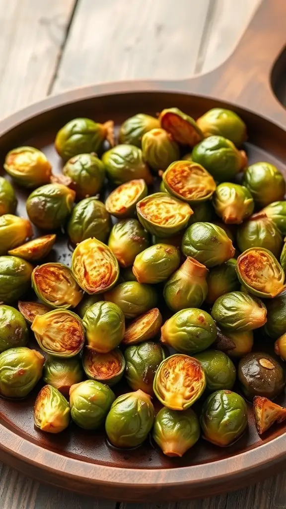 A plate of maple roasted Brussels sprouts, golden and caramelized.