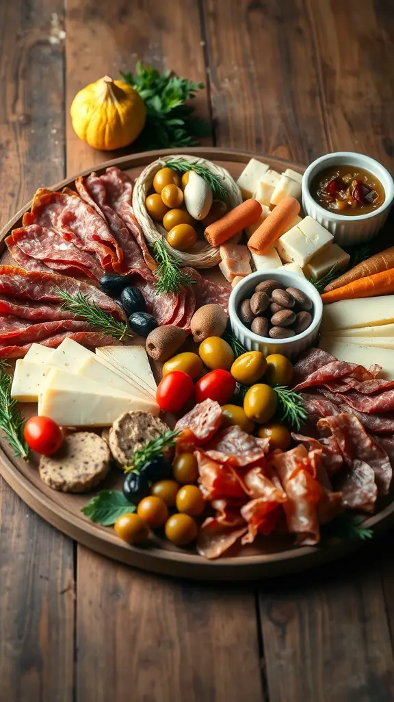 A traditional Italian antipasto platter featuring cured meats, cheeses, olives, and vegetables.