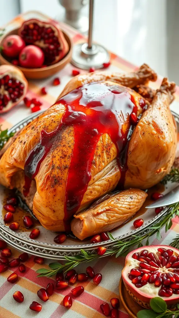 A roasted turkey drizzled with pomegranate molasses, garnished with pomegranate seeds and surrounded by fresh fruits.