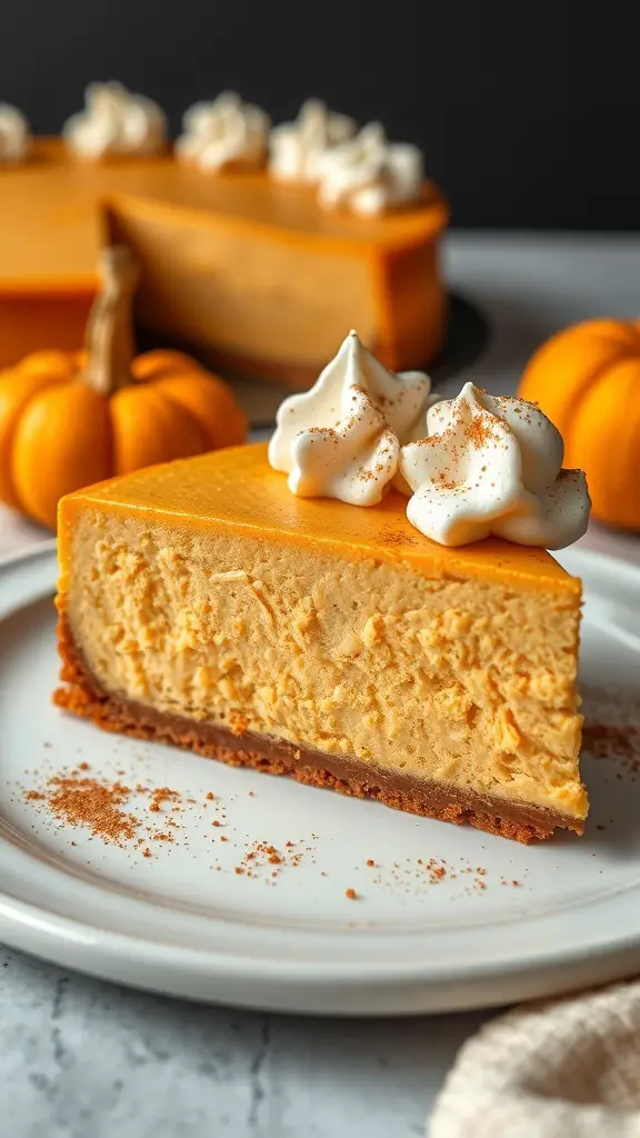 Slice of pumpkin spice cheesecake with whipped cream and small pumpkins