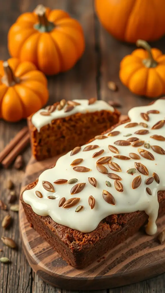 A loaf of pumpkin spice bread topped with cream frosting and pumpkin seeds, surrounded by small pumpkins.