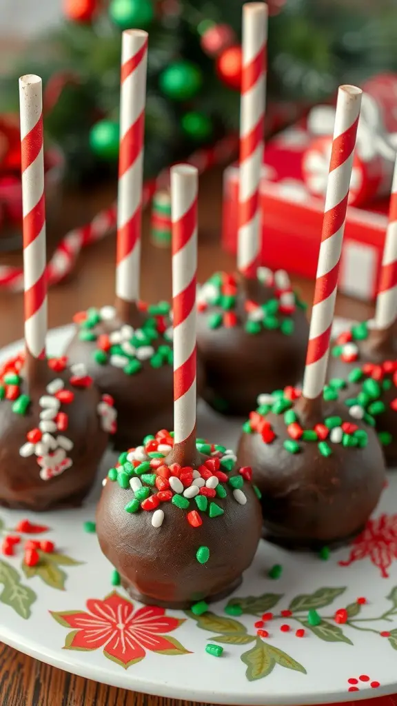A plate of chocolate cake pops decorated with red, green, and white sprinkles, set against a festive background.