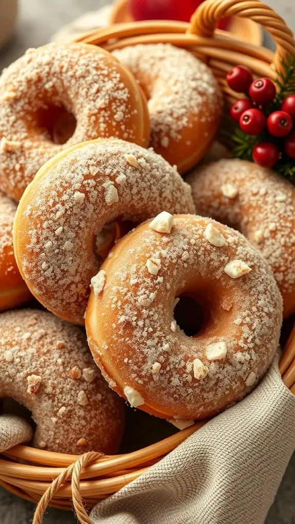 A basket filled with spiced apple cider donuts, dusted with sugar and surrounded by festive decorations.