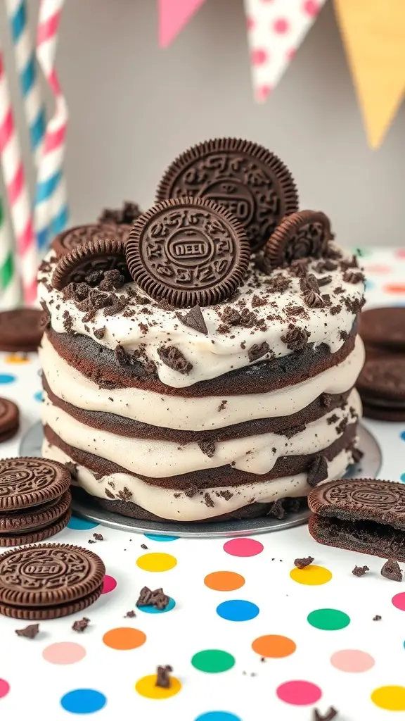 A delicious Oreo Cookie Cake with layers of chocolate cake and frosting, topped with Oreo cookies.