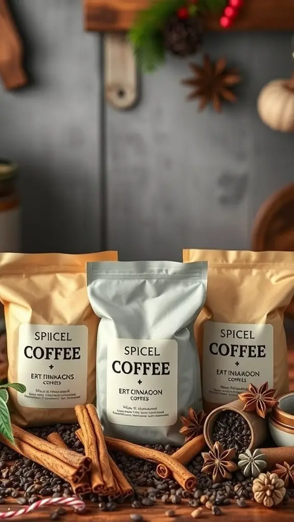 Three bags of spiced coffee with cinnamon sticks and star anise on a wooden table, decorated for Christmas.