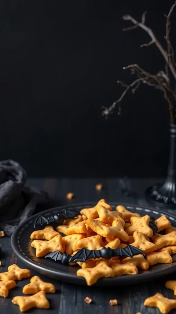 A plate of cheesy bat crackers shaped like bats and stars, perfect for Halloween snacks.