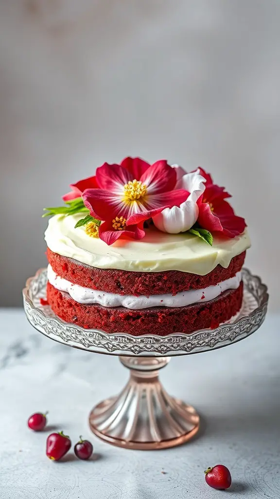A beautiful red velvet cake with cream cheese frosting and fresh flowers on top, displayed on a decorative cake stand.