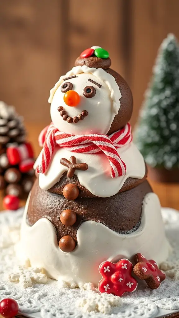 A chocolate snowman cake decorated with white frosting, a candy cane scarf, and gingerbread cookies.