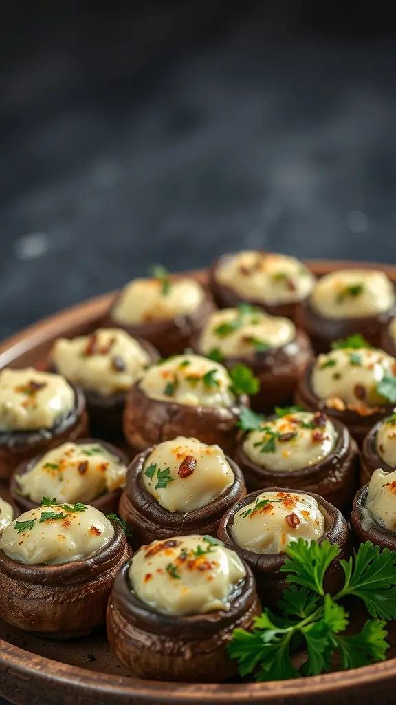 A platter of savory stuffed mushrooms topped with creamy filling and garnished with herbs.
