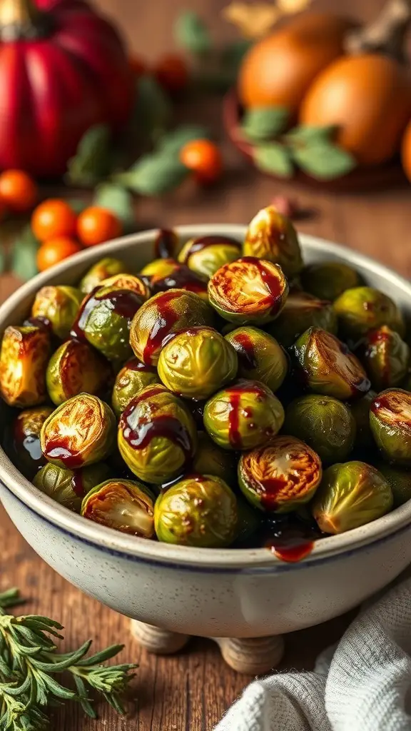 A bowl of roasted Brussels sprouts drizzled with balsamic glaze, surrounded by pumpkins and autumn leaves.