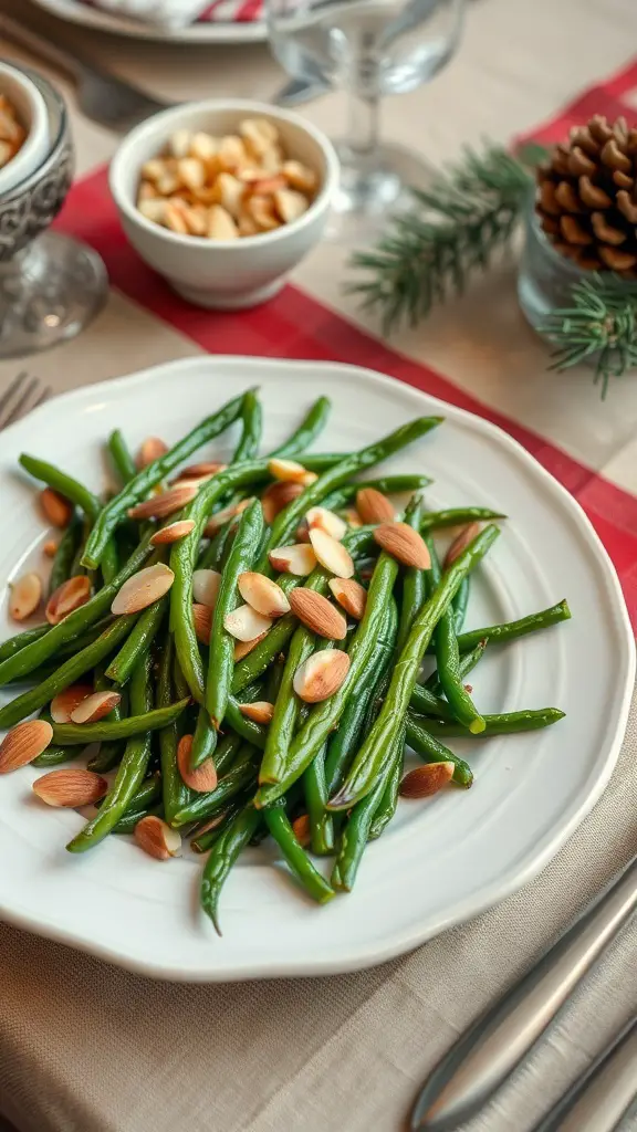 A plate of garlic butter green beans topped with sliced almonds, set on a festive table.