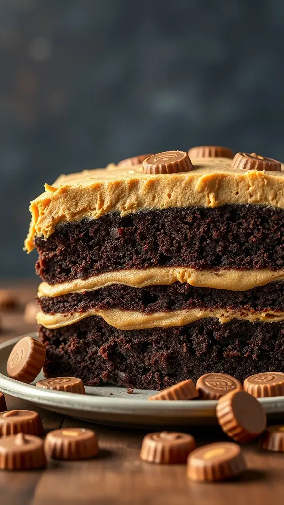 A layered dark chocolate cake with peanut butter frosting and chocolate candies on top.