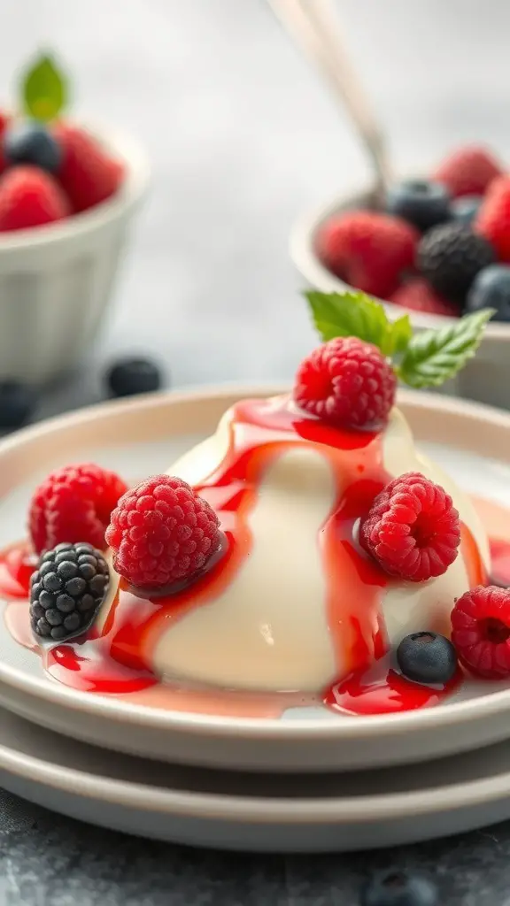 A creamy vanilla bean panna cotta topped with raspberries and blueberries, drizzled with raspberry sauce.